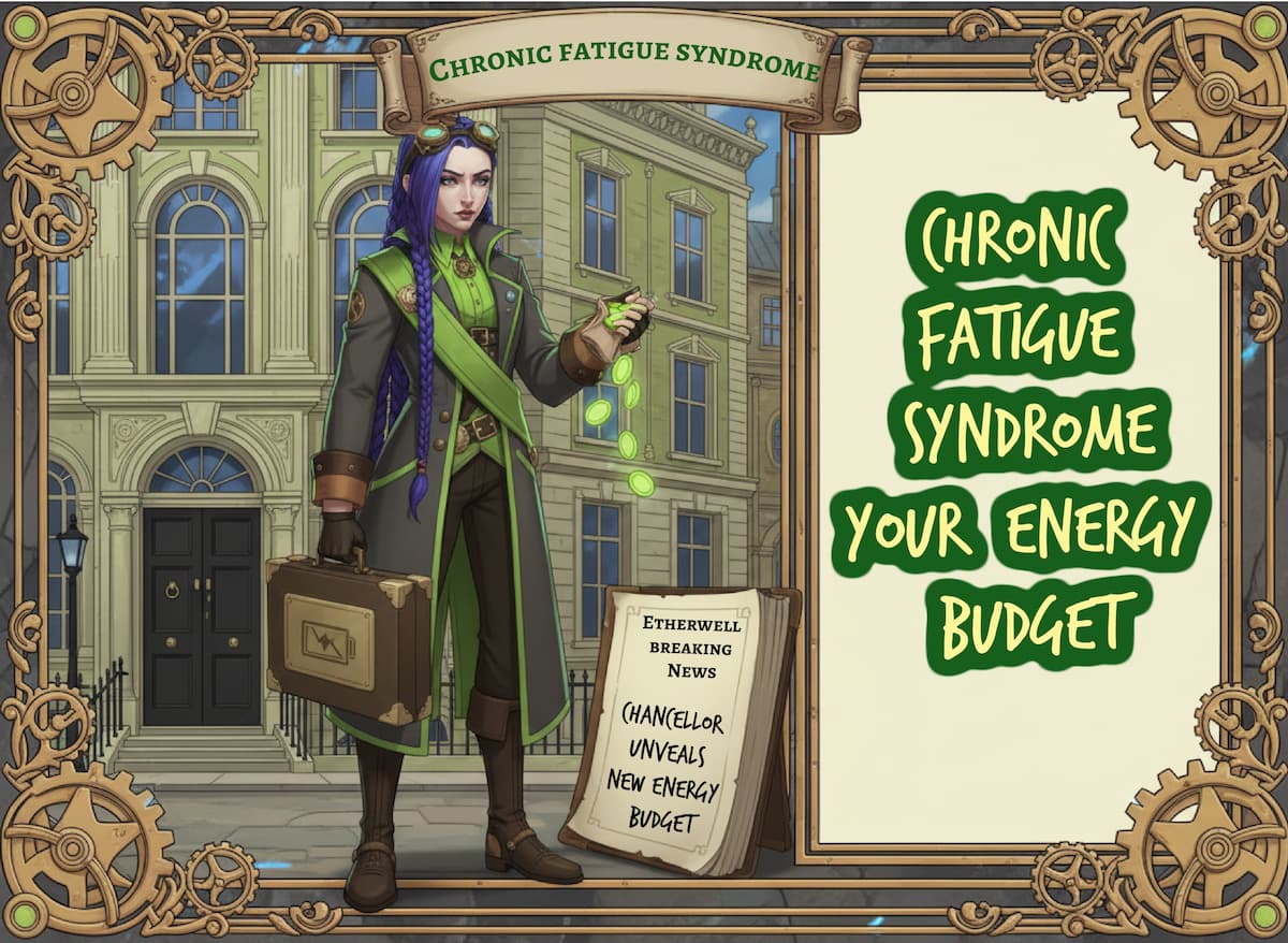 Dr. Rosalind Jex stands outside a government-style building holding a briefcase and glowing “energy tokens”, illustrating the idea of an energy budget for ME/CFS pacing on medicalmojo.co.uk.
