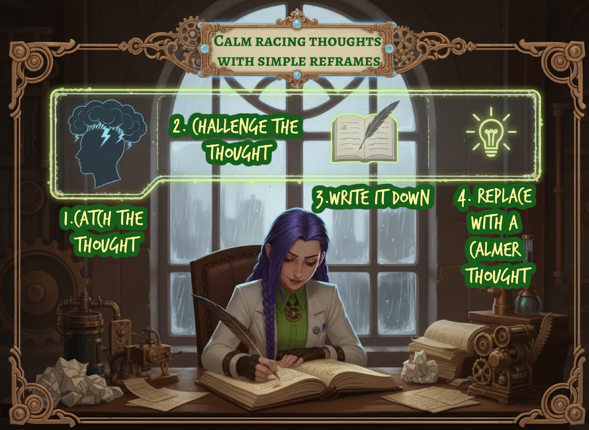 Dr Rosalind Jex writing in her steampunk laboratory with icons showing how to calm racing thoughts using simple CBT?I reframes for insomnia, from medicalmojo.co.uk.