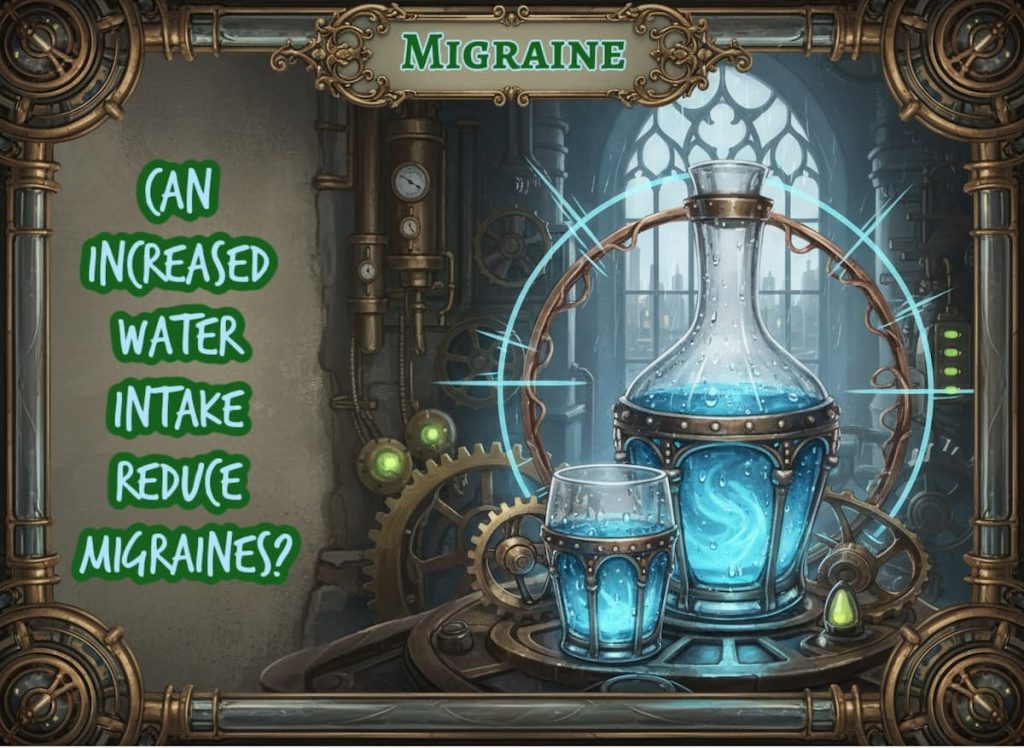 Steampunk-style laboratory scene showing a glass flask and tumbler filled with glowing blue water, suggesting hydration as a possible tool for migraine prevention, for an article on medicalmojo.co.uk.