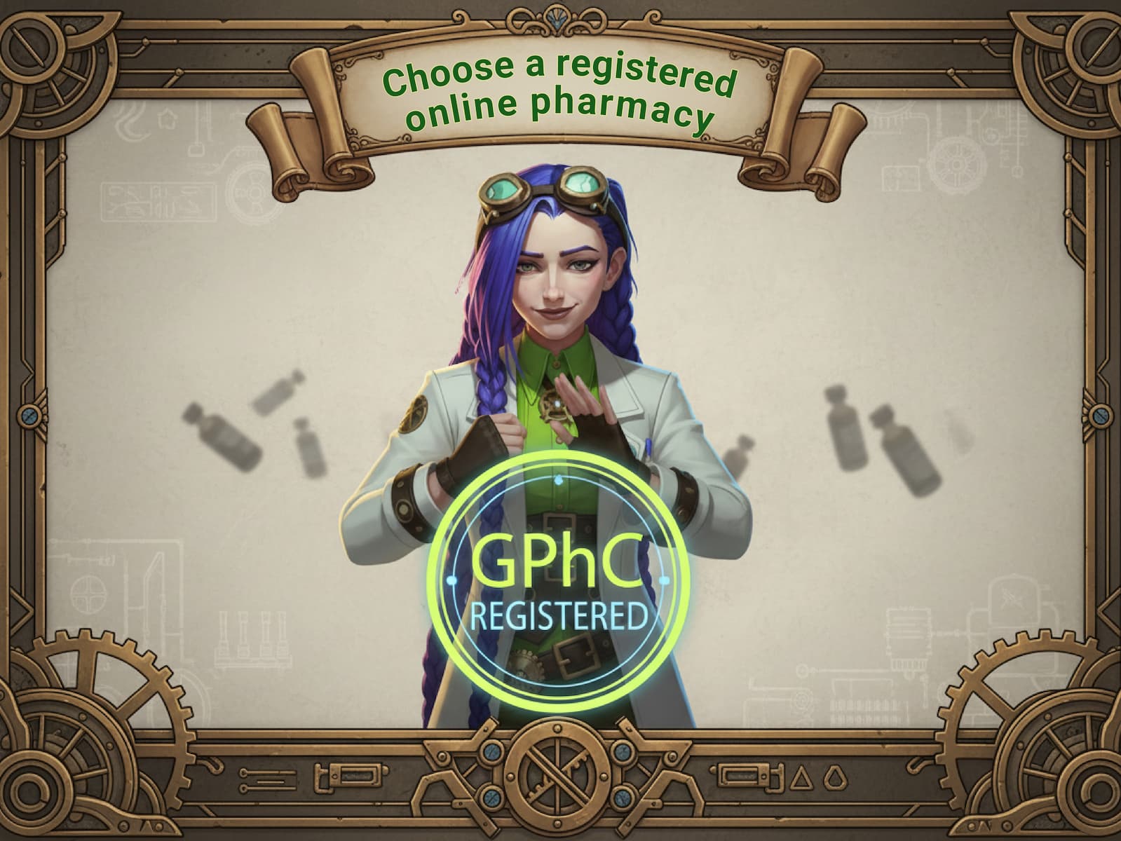 Dr. Rosalind Jex of Medical Mojo stands in her steampunk laboratory in Etherwell, emphasizing the importance of choosing a GPhC-registered online pharmacy for safe and effective medication. Learn more at medicalmojo.co.uk.
