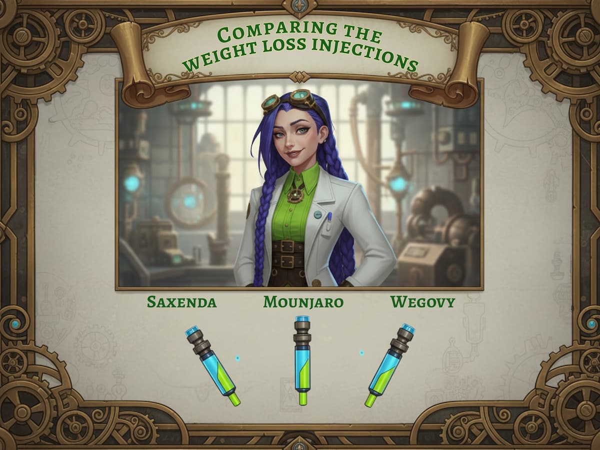 Dr. Rosalind Jex of Medical Mojo stands in her steampunk laboratory in Etherwell, comparing Saxenda, Mounjaro, and Wegovy weight loss injection pens. Find out more at medicalmojo.co.uk.