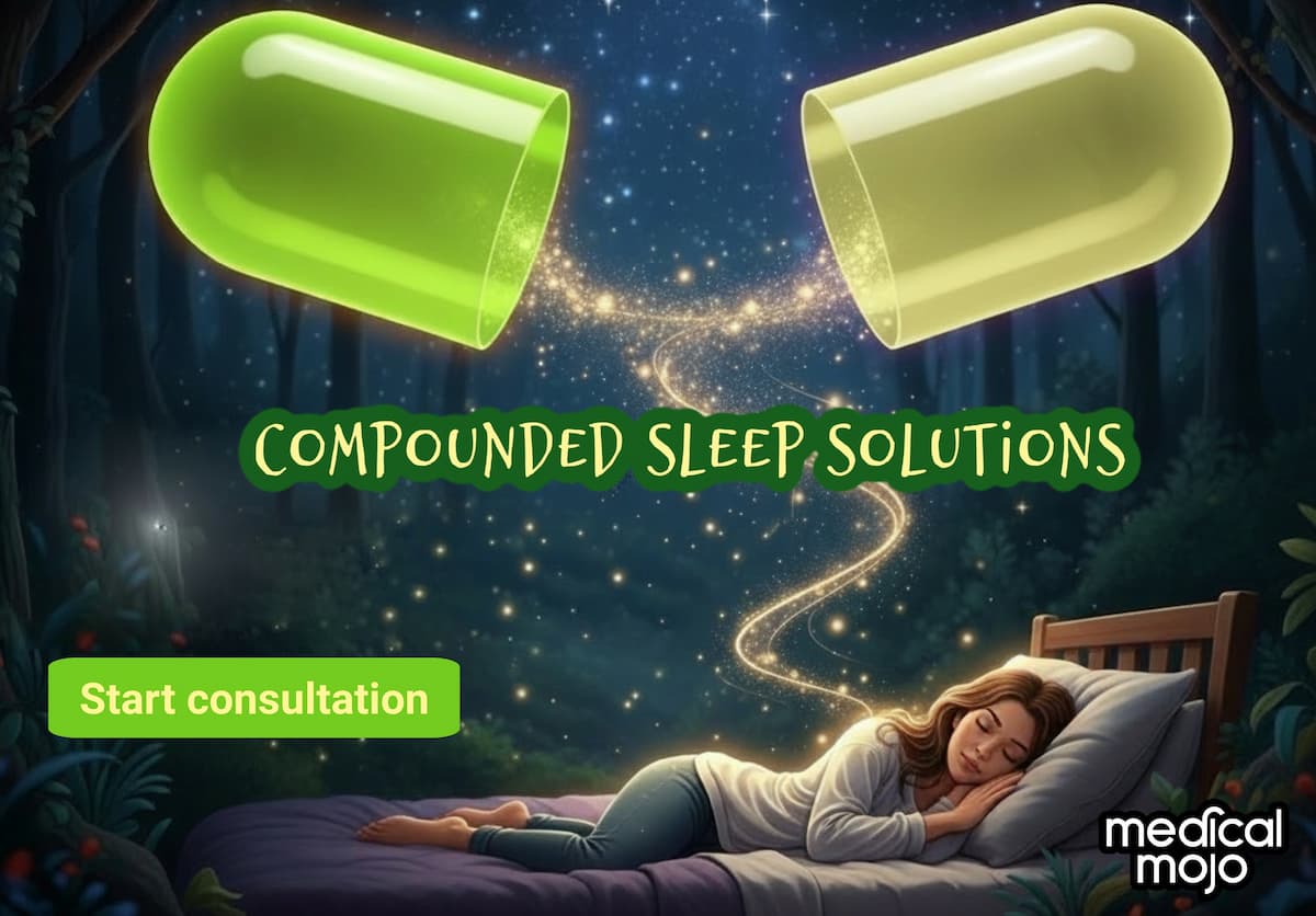 Two green capsule halves float in a starry night forest above a sleeping person, with “Compounded sleep solutions” and a consultation button, on medicalmojo.co.uk.
