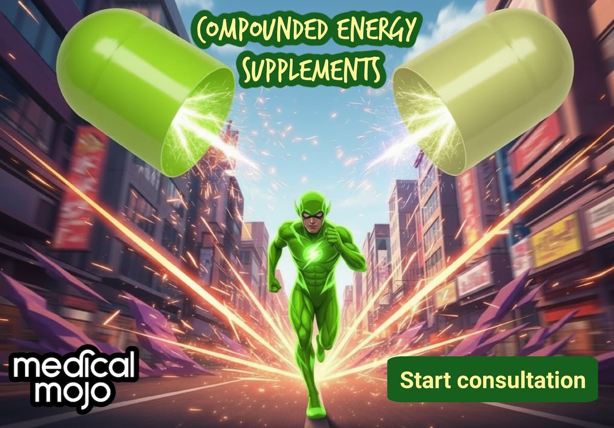 Two green capsule halves crackle with energy above a lime-green runner in a city, representing compounded energy supplements for CFS on medicalmojo.co.uk.
