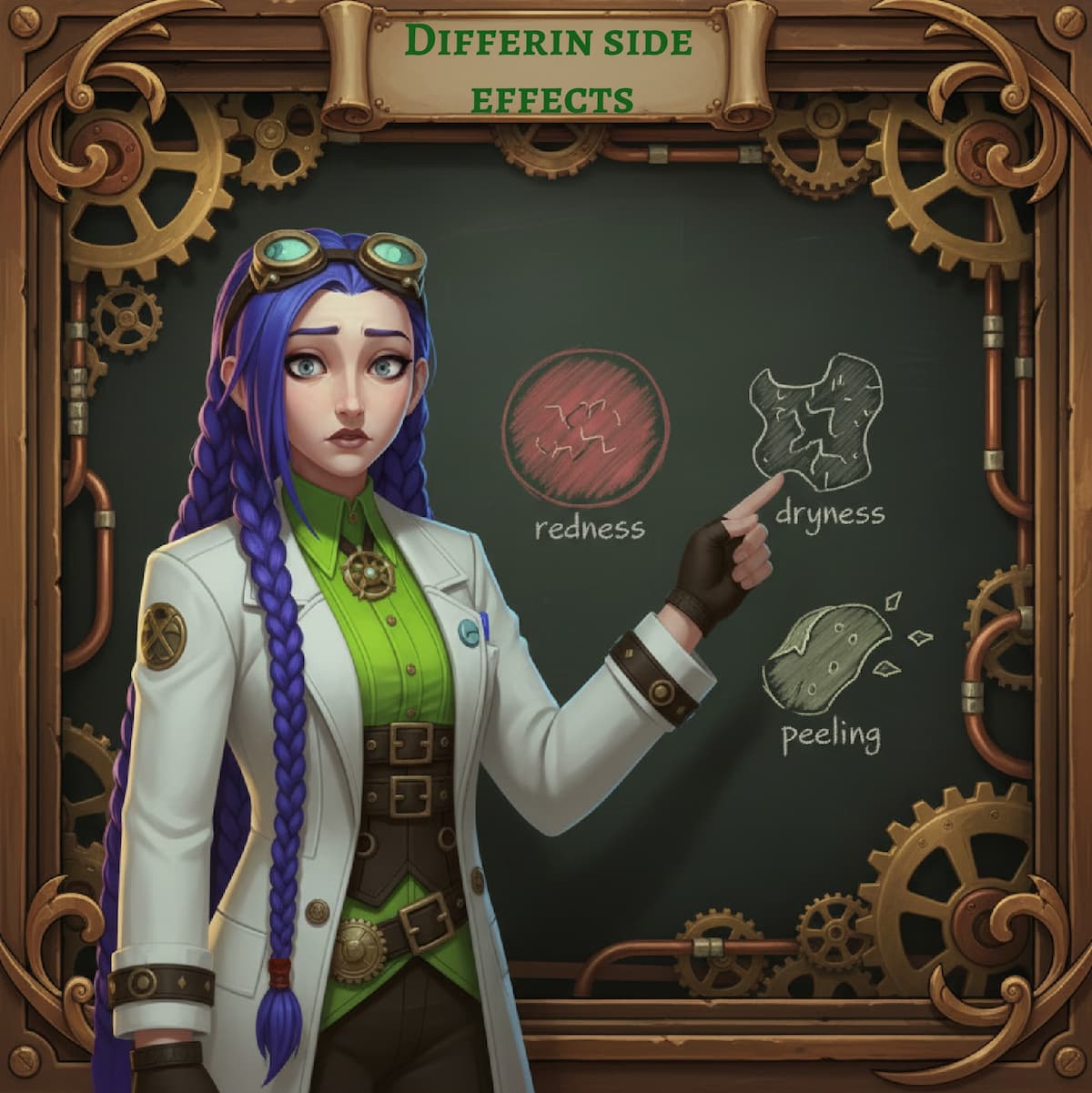 Dr. Rosalind Jex in her steampunk laboratory at medicalmojo.co.uk, pointing to a chalkboard illustrating common Differin cream side effects: redness, dryness, and peeling.