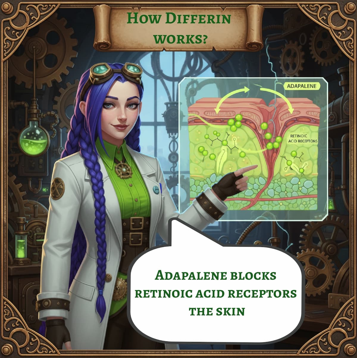 Dr. Rosalind Jex in her steampunk laboratory at medicalmojo.co.uk, pointing to a glowing diagram showing how adapalene blocks retinoic acid receptors in the skin.