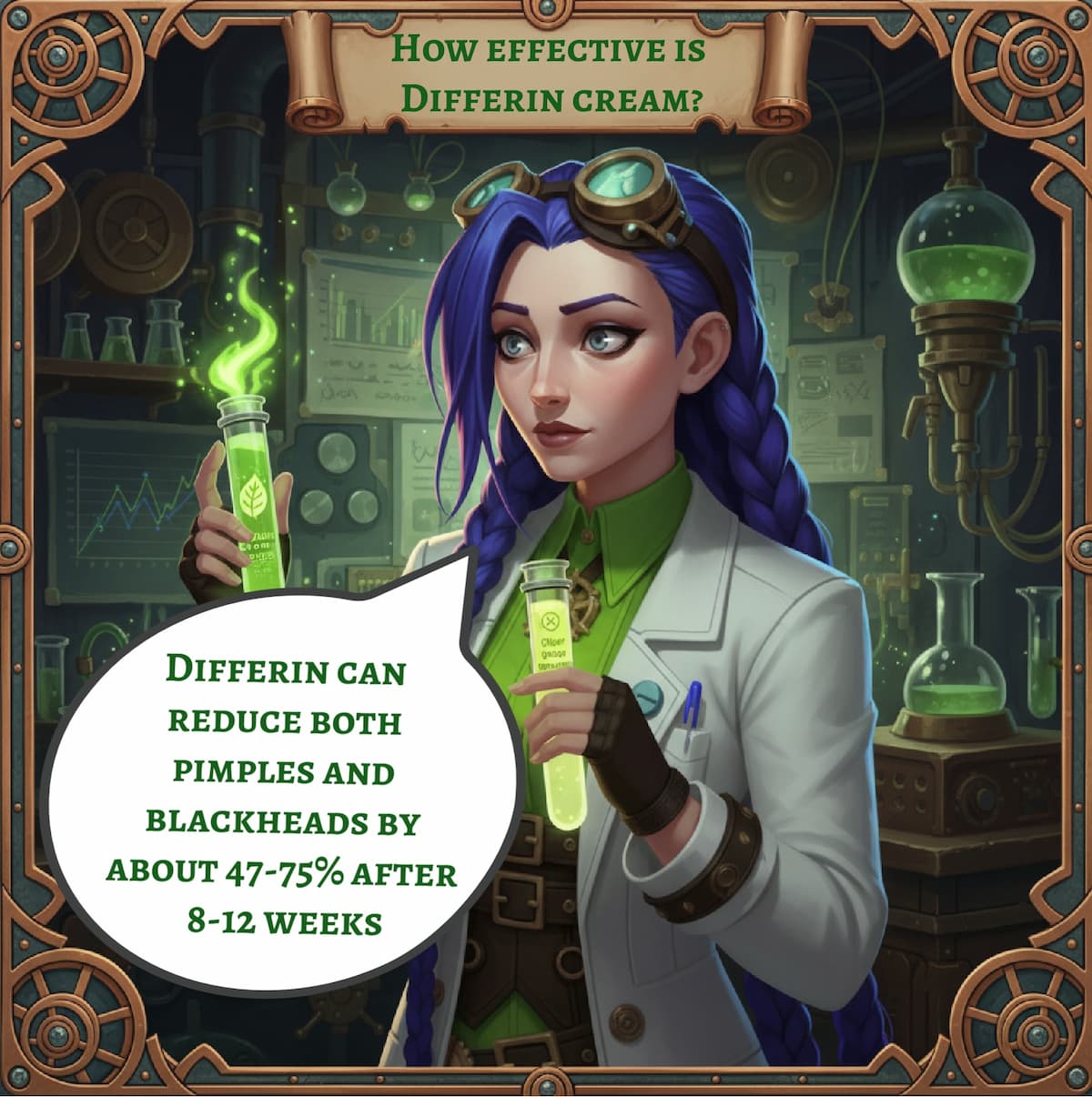 Dr. Rosalind Jex in her steampunk laboratory at medicalmojo.co.uk, holding two glowing test tubes and explaining how Differin cream reduces pimples and blackheads by 47-75% after 8-12 weeks.