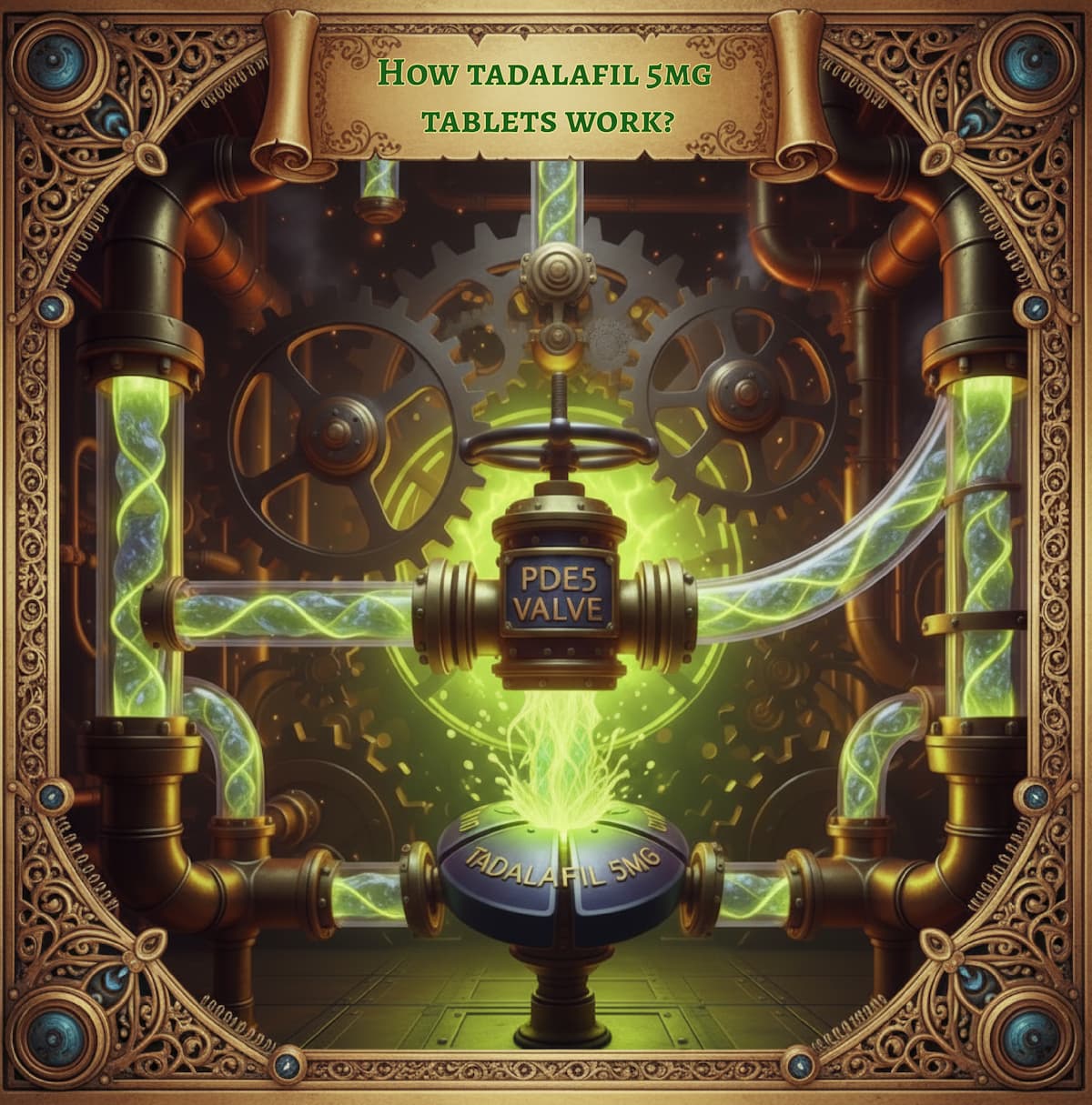 Steampunk-inspired illustration of interconnected brass pipes and gears with glowing green fluid flowing through a central valve labelled “PDE5,” visually explaining how tadalafil 5mg tablets work. Image source: medicalmojo.co.uk