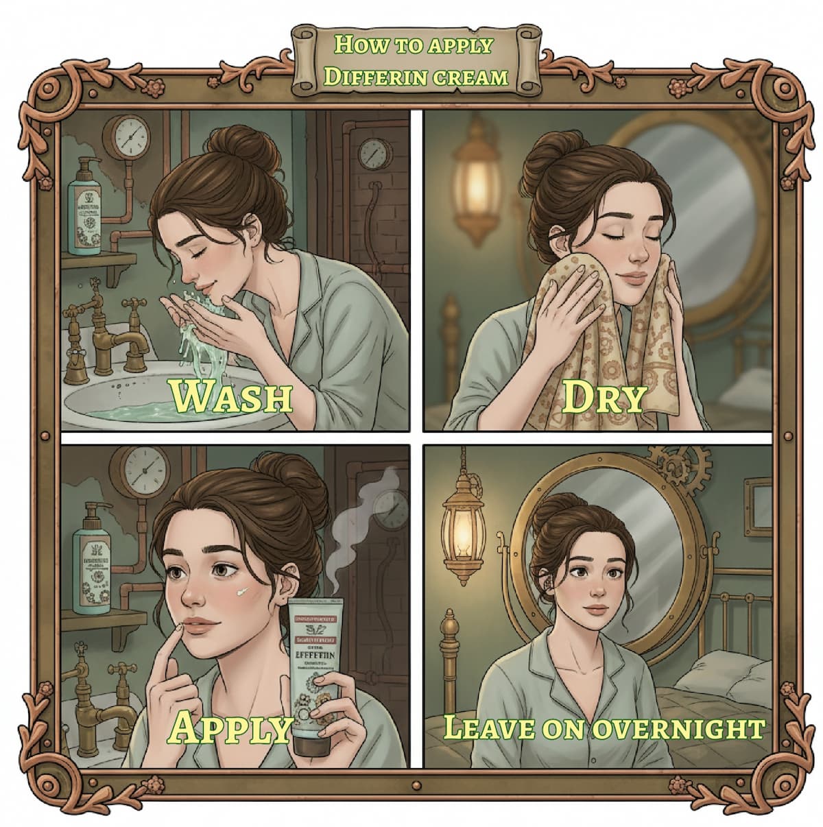 Step-by-step guide from medicalmojo.co.uk showing a woman washing her face, drying it, applying Differin cream, and leaving it on overnight.