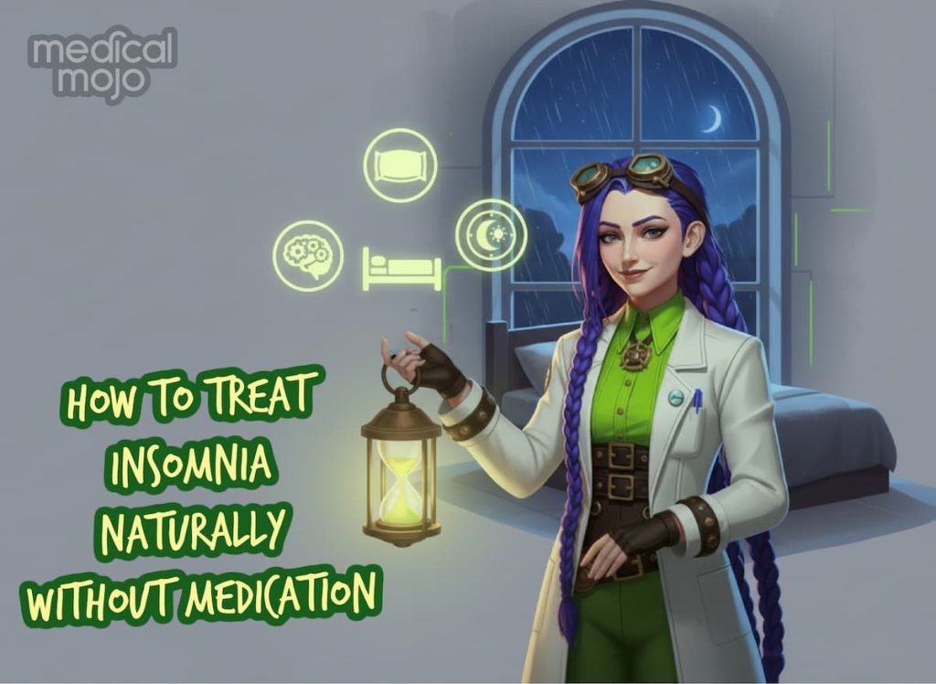 Title image for a natural insomnia guide showing Dr Rosalind Jex holding a lantern beside a moonlit bedroom window and icons for CBT?I, sleep hygiene, and lifestyle timing on medicalmojo.co.uk.