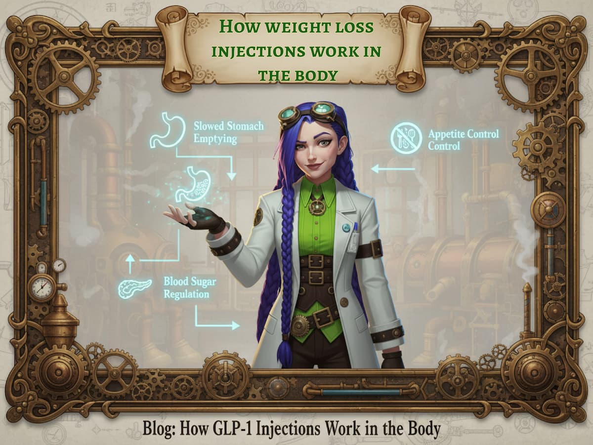 Dr. Rosalind Jex of Medical Mojo stands in her steampunk laboratory in Etherwell, illustrating how weight loss injections work by slowing stomach emptying, regulating blood sugar, and controlling appetite. Learn more at medicalmojo.co.uk.