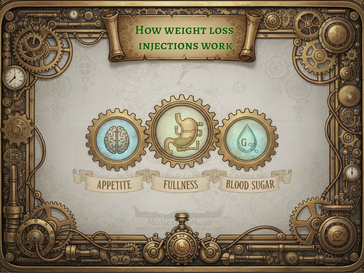 A steampunk-themed infographic shows three brass gears labeled appetite, fullness, and blood sugar, illustrating how weight loss injections help manage hunger, increase satiety, and regulate blood sugar. See more at medicalmojo.co.uk.
