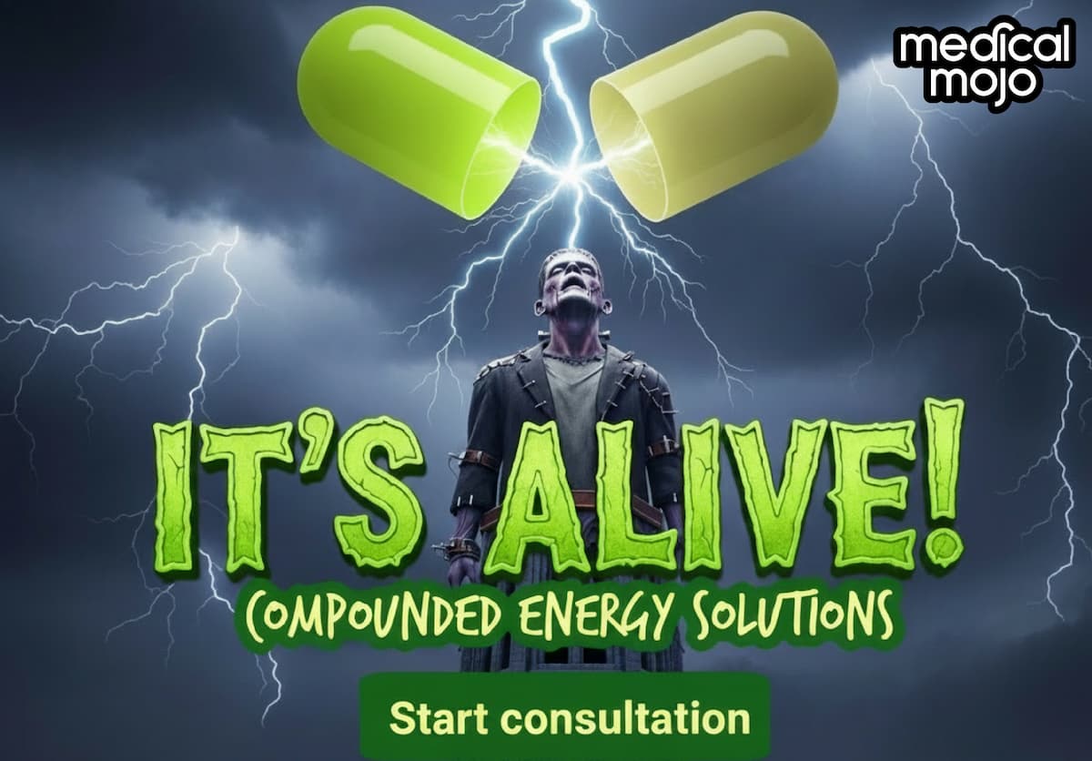 Lightning strikes between two green capsule halves above a dramatic figure, with “It’s alive” and “Compounded energy solutions”, promoting personalised energy support on medicalmojo.co.uk.
