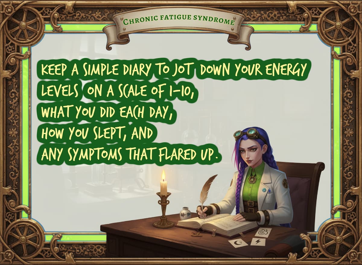 Dr. Rosalind Jex writes in a symptom diary by candlelight, showing how tracking energy, sleep, and flare-ups can help manage ME/CFS on medicalmojo.co.uk.