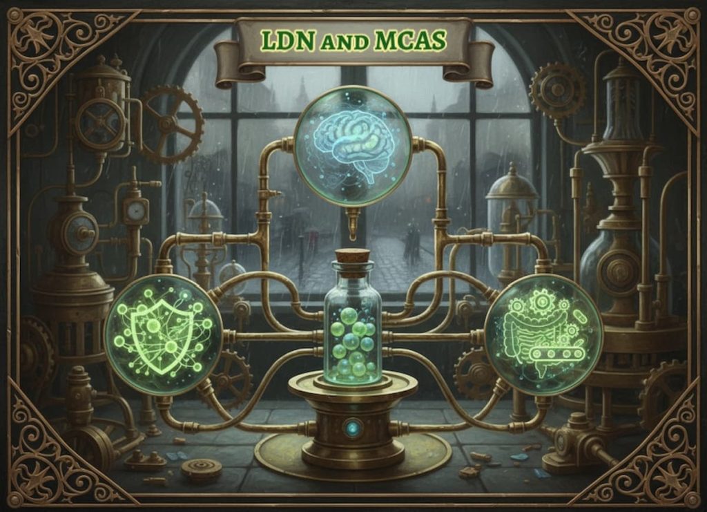 Steampunk laboratory infographic showing a central vial representing low-dose naltrexone (LDN) connected by pipes to icons for the brain, immune signalling, and gut function in mast cell activation syndrome (MCAS), for medicalmojo.co.uk.