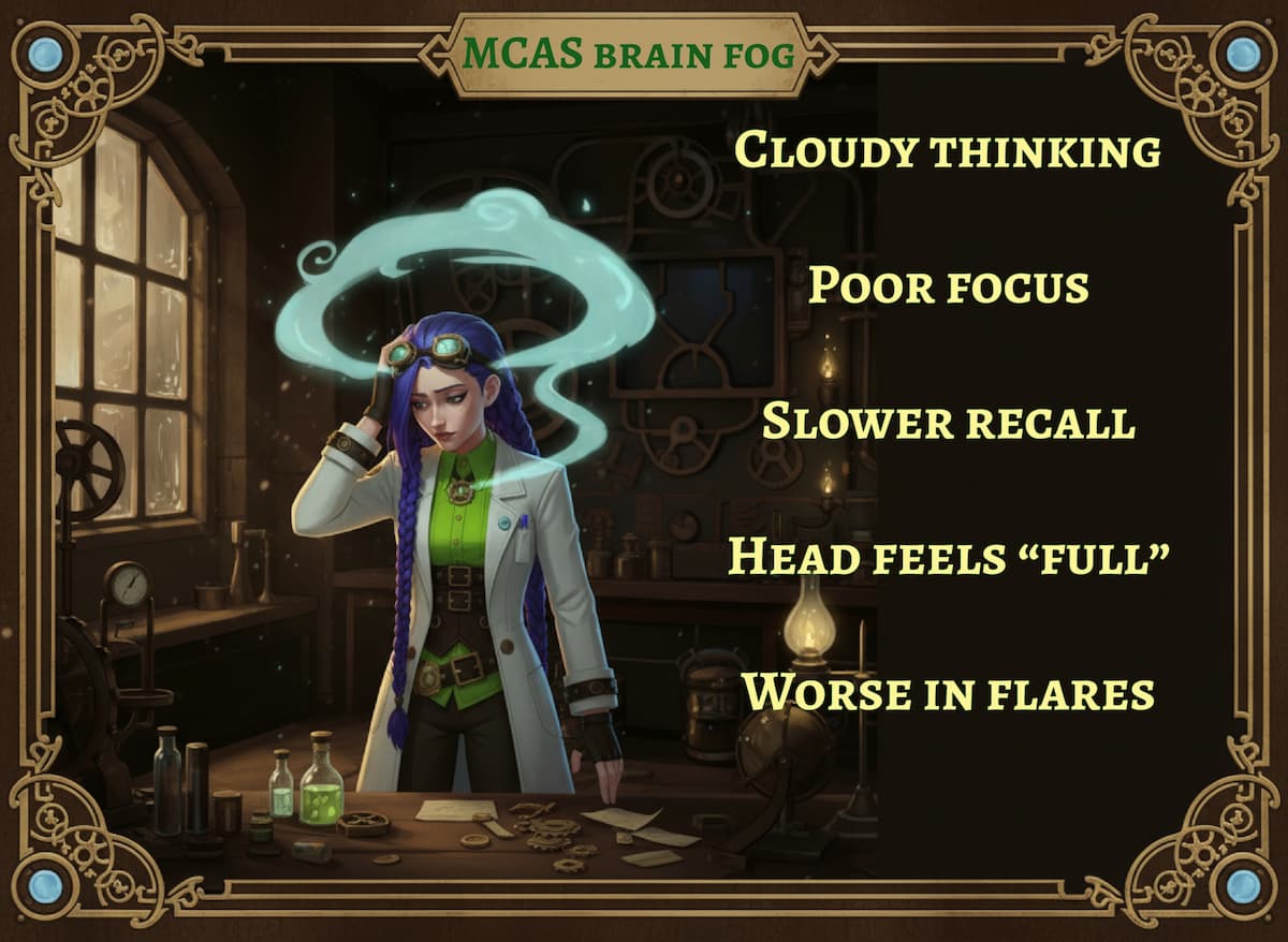 Dr. Rosalind Jex stands in her steampunk laboratory with a fog-like swirl around her head to represent MCAS brain fog, highlighting cloudy thinking, poor focus, and slower recall at medicalmojo.co.uk.