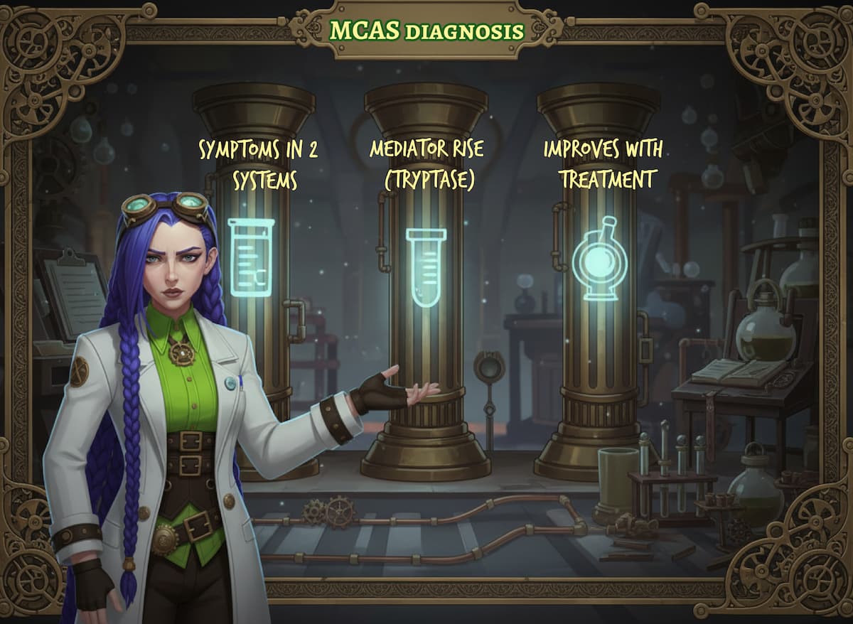 Dr. Rosalind Jex stands in her steampunk laboratory beside three pillars showing the key criteria for MCAS diagnosis: symptoms in two or more body systems, a mediator rise (tryptase), and improvement with treatment at medicalmojo.co.uk.