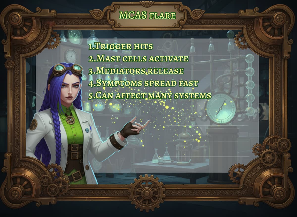 Dr. Rosalind Jex explains what happens in an MCAS flare in her steampunk laboratory, showing the sequence from trigger exposure to mast cell activation, mediator release, and fast-spreading symptoms across the body at medicalmojo.co.uk.