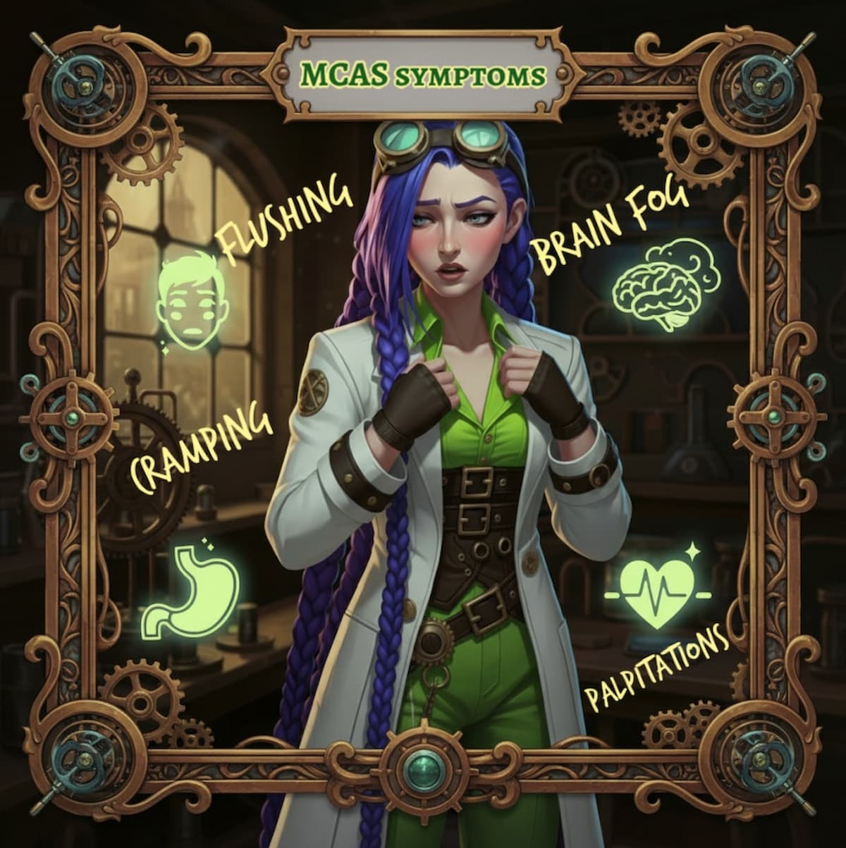 Dr. Rosalind Jex stands in her steampunk laboratory surrounded by icons for common MCAS symptoms, including flushing, cramping, brain fog and palpitations, at medicalmojo.co.uk.