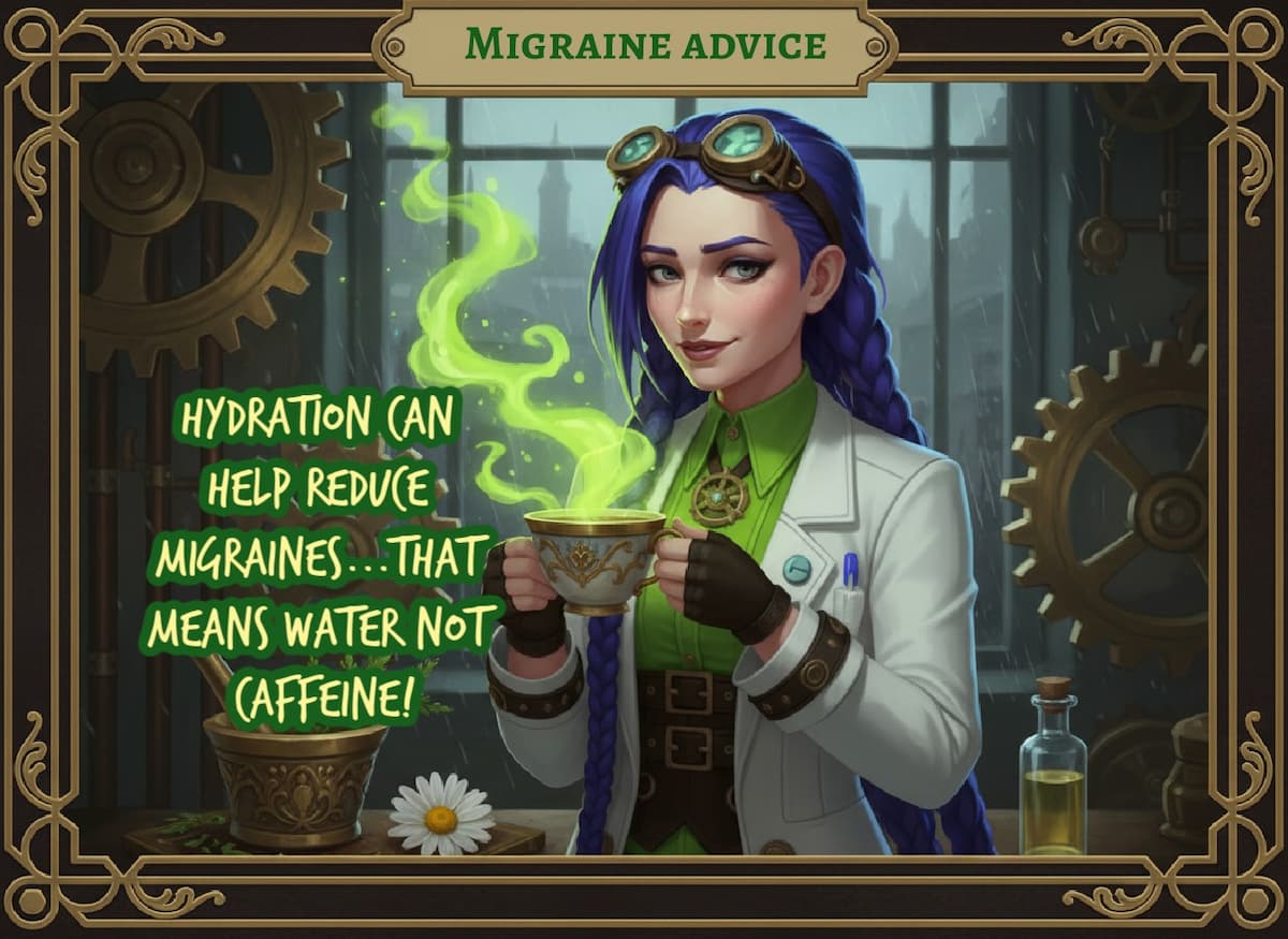 Migraine advice on hydration: why water matters | Dr Rosalind Jex | medicalmojo.co.uk Dr Rosalind Jex holds a steaming cup in her steampunk lab while sharing hydration tips for migraine management, supporting the migraine medication guide on medicalmojo.co.uk.