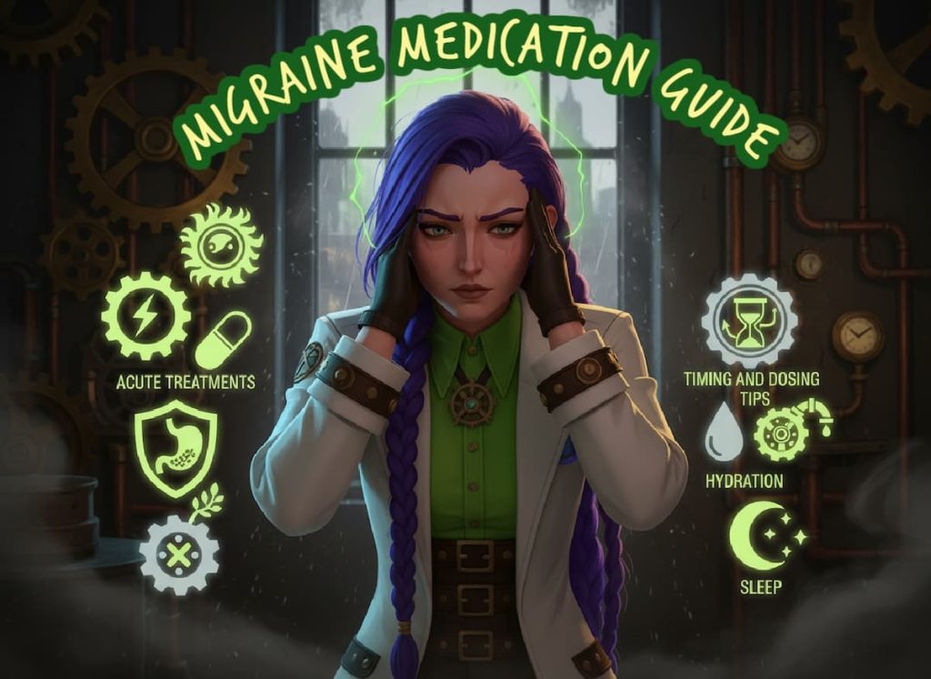 Migraine medication guide infographic showing Dr Rosalind Jex holding her head in a steampunk lab, surrounded by icons for acute treatments, timing and dosing, hydration, and sleep on medicalmojo.co.uk.