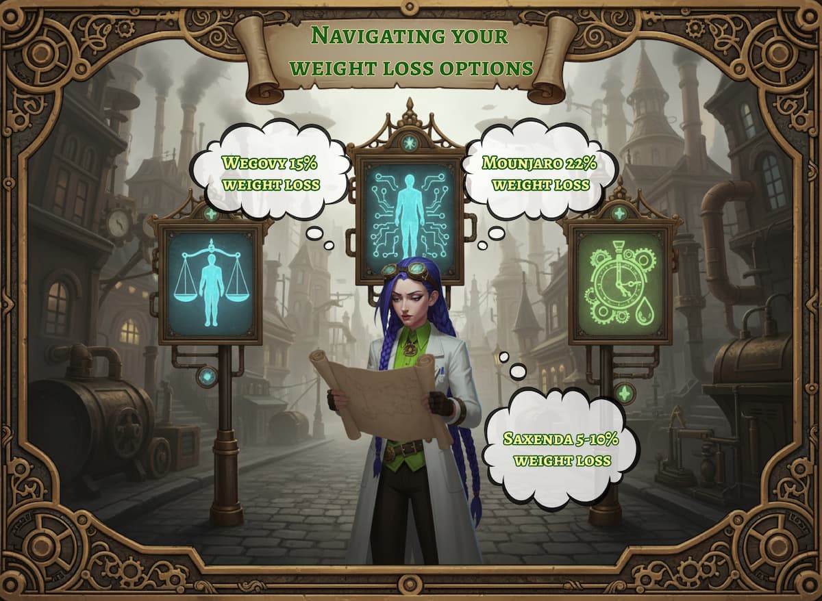 Dr. Rosalind Jex of Medical Mojo stands at a crossroads in the steampunk city of Etherwell, examining a map with glowing signs for Wegovy, Mounjaro, and Saxenda—representing the UK’s leading weight loss injection options. Learn more at medicalmojo.co.uk.