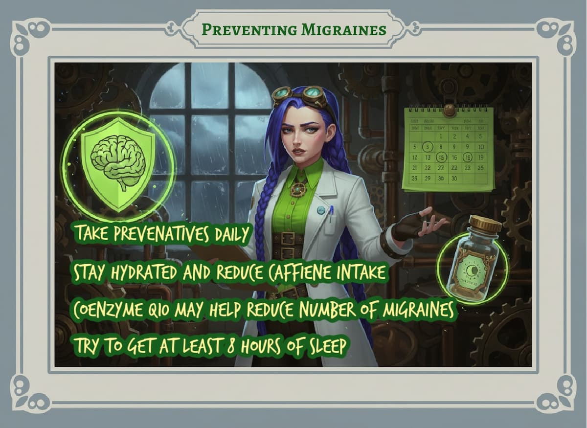 Preventing migraines: daily habits and preventive treatment | Dr Rosalind Jex | medicalmojo.co.uk Preventing migraines infographic with Dr Rosalind Jex in a steampunk lab, showing daily prevention tips like consistent medication, hydration, sleep routine, and supportive supplements for medicalmojo.co.uk.