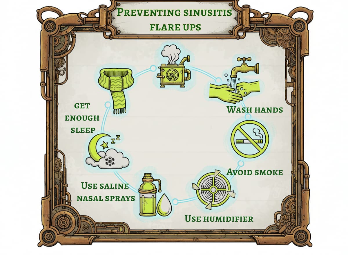 Infographic showing ways to prevent sinusitis flare-ups, including sleep, handwashing, saline sprays, avoiding smoke, and using a humidifier at medicalmojo.co.uk.