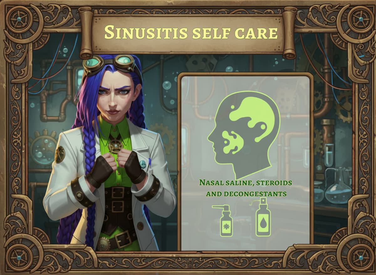 Dr. Rosalind Jex explaining sinusitis self-care options, including nasal saline, steroid nasal sprays, and short-term decongestants for medicalmojo.co.uk.