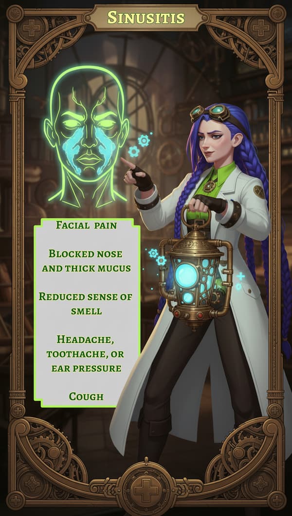 Dr. Rosalind Jex highlighting common sinusitis symptoms, including facial pain, blocked nose, thick mucus, reduced smell, headache, and cough for medicalmojo.co.uk.