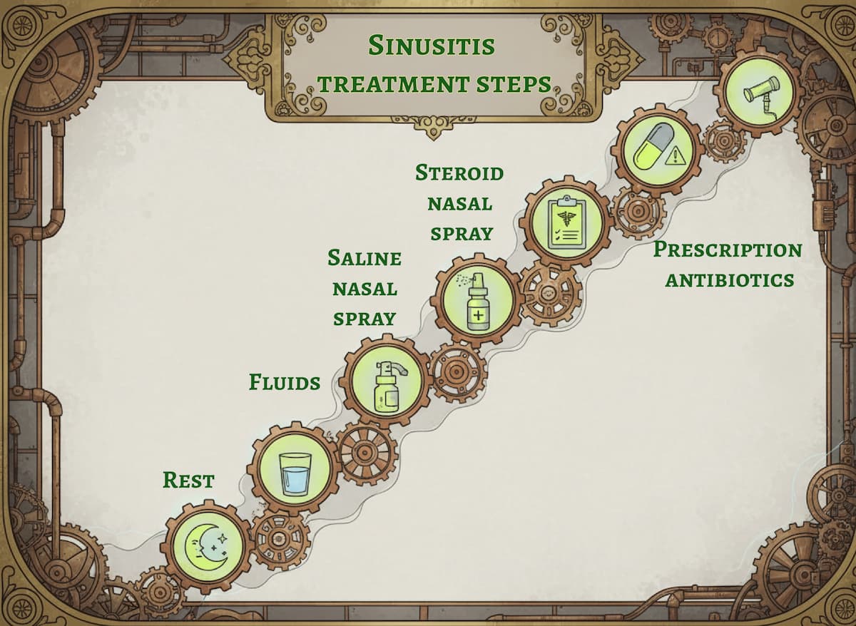 Infographic showing sinusitis treatment steps from rest and fluids to saline spray, steroid nasal spray, and prescription antibiotics when needed at medicalmojo.co.uk.