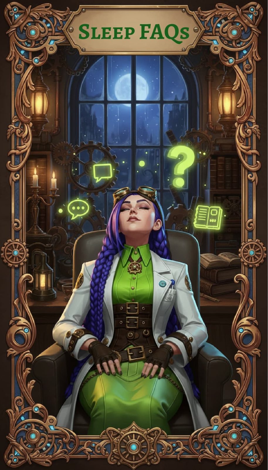 Dr Rosalind Jex relaxed and seated in her steampunk laboratory with softly glowing question marks and FAQ icons floating around her, supporting the Sleep FAQs section on medicalmojo.co.uk.