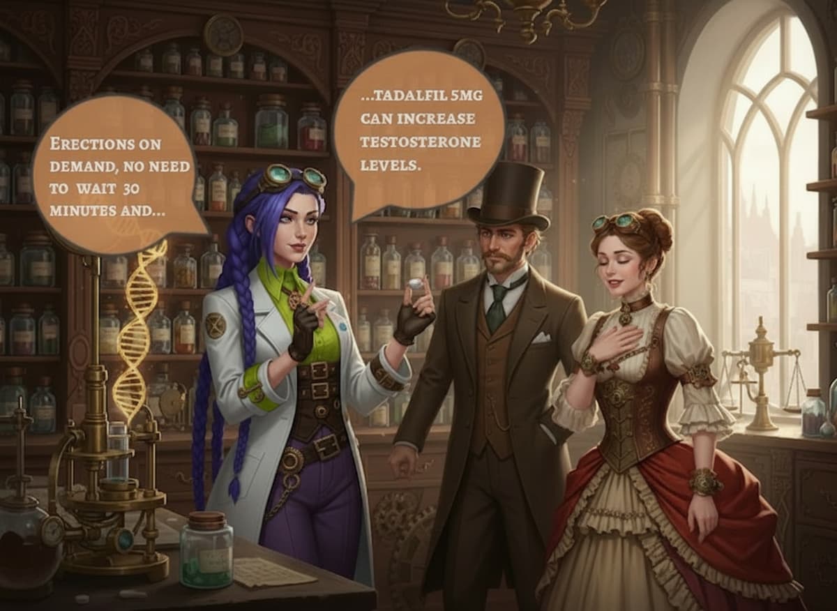 Dr. Rosalind Jex stands confidently in her steampunk-style laboratory in Etherwell, holding a vial of tadalafil 5mg, explaining its benefits to a Victorian-era couple. Image source: medicalmojo.co.uk