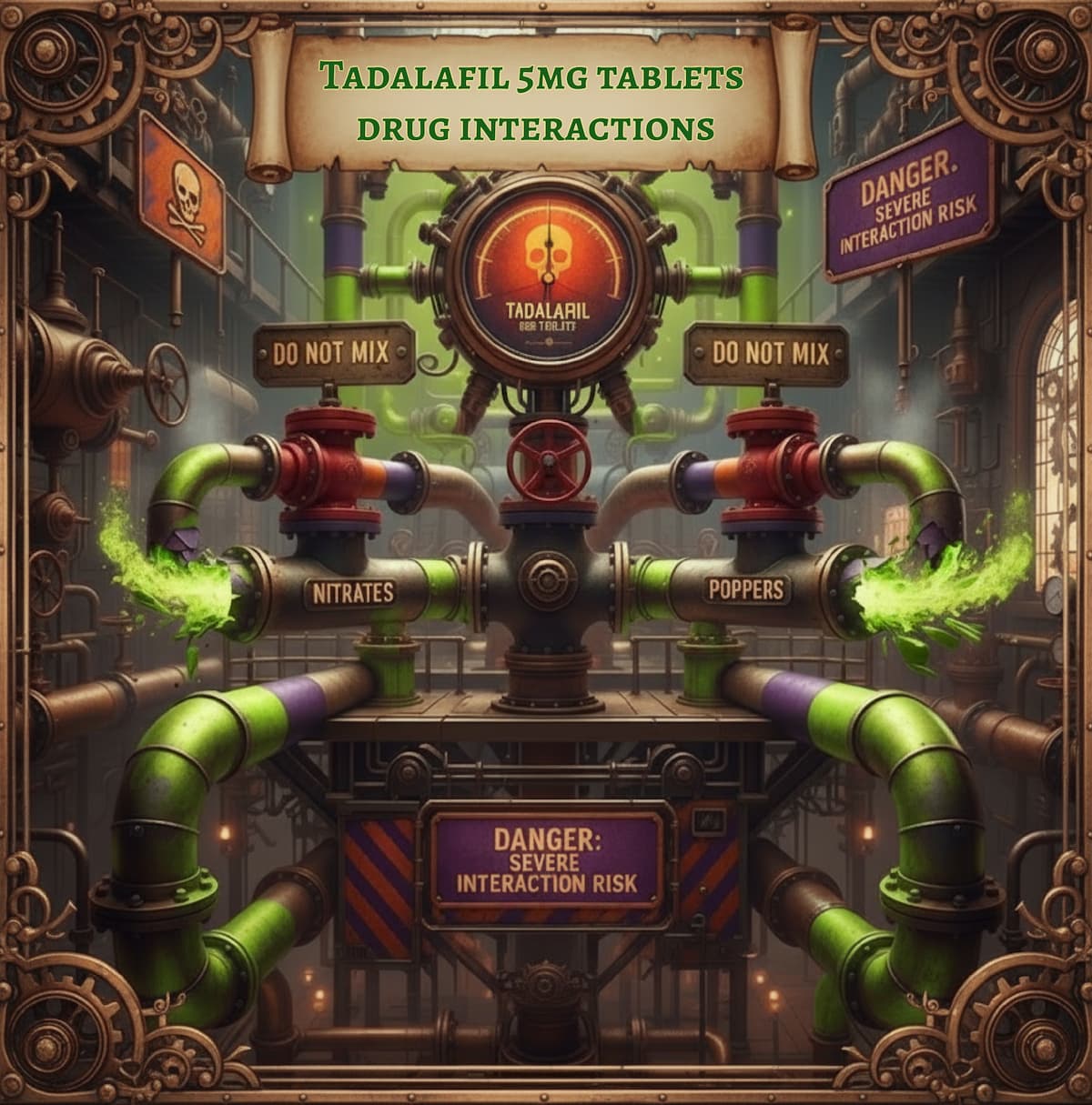 Steampunk-style illustration of interconnected pipes and valves with glowing green fluid, warning signs, and labels showing drug interactions between tadalafil 5mg tablets and nitrates or poppers. Image source: medicalmojo.co.uk