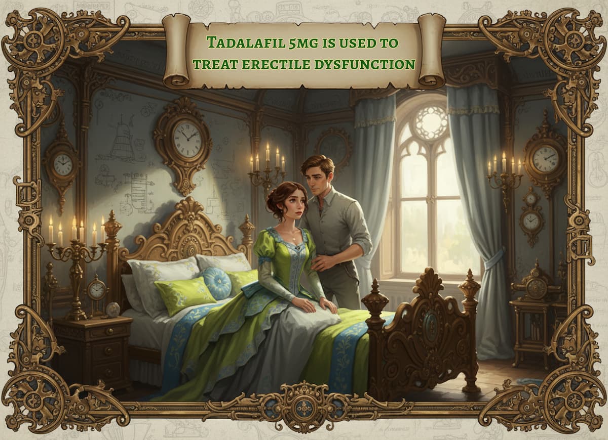 Victorian-style illustration of a concerned woman sitting on an ornate bed with a supportive man standing behind her, symbolising the challenges of erectile dysfunction and the role of tadalafil 5mg tablets. Image source: medicalmojo.co.uk