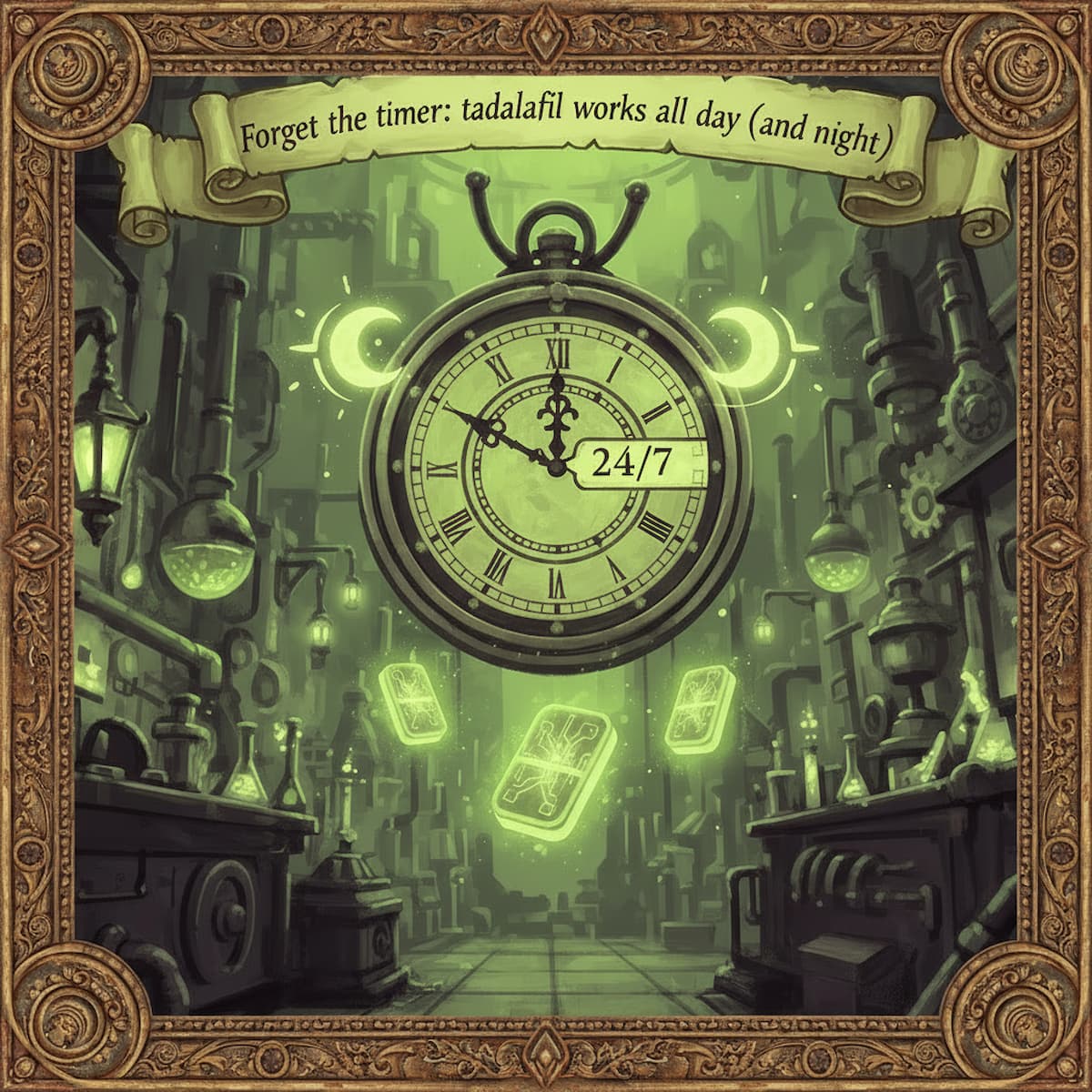 Steampunk-style illustration featuring a large vintage clock with glowing crescent moons on either side, surrounded by floating glowing tablets and laboratory equipment, symbolising tadalafil 5mg’s all-day effectiveness. Image source: medicalmojo.co.uk