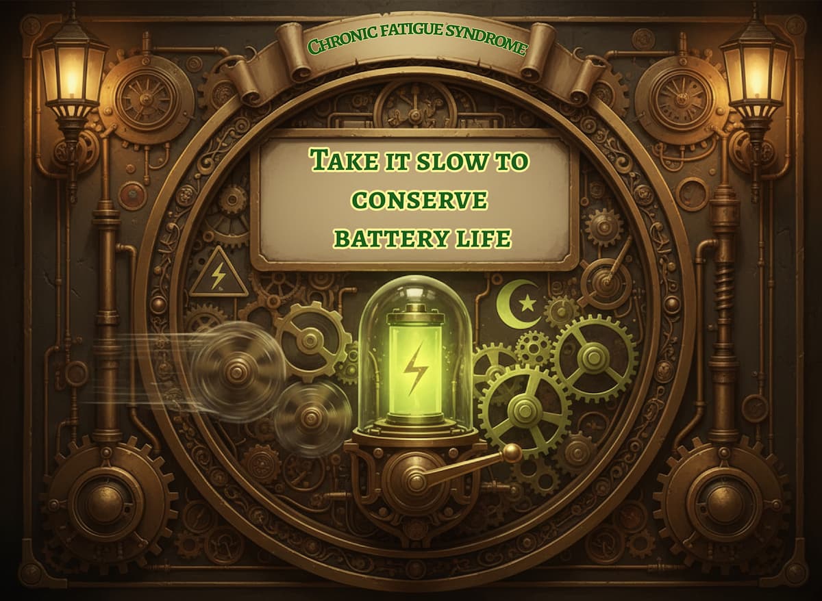 Steampunk battery under a glass dome surrounded by gears and warning icons, showing pacing and slowing down to conserve energy in ME/CFS on medicalmojo.co.uk.