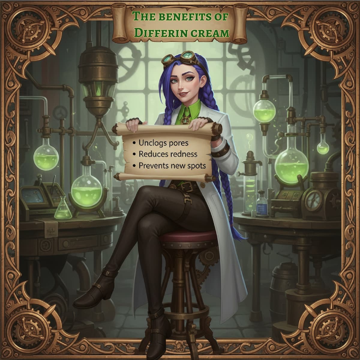 Dr. Rosalind Jex in her steampunk laboratory at medicalmojo.co.uk, sitting on a stool and holding a scroll listing the benefits of Differin cream: unclogs pores, reduces redness, prevents new spots.