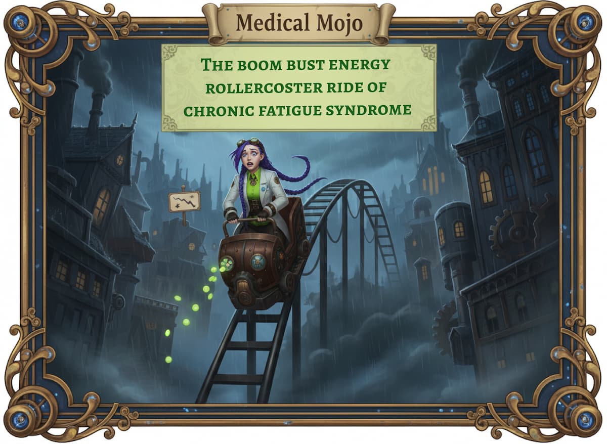 Dr. Rosalind Jex rides a steep rollercoaster drop in a stormy steampunk city, showing the boom-and-bust energy crash cycle in ME/CFS on medicalmojo.co.uk.