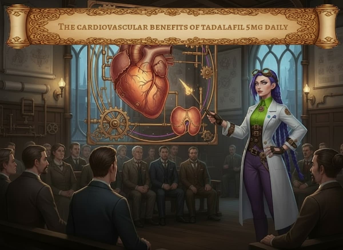 Dr. Rosalind Jex stands in her steampunk laboratory, presenting a detailed anatomical illustration of the heart and prostate to a Victorian-era audience, highlighting the cardiovascular benefits of tadalafil 5mg tablets. Image source: medicalmojo.co.uk