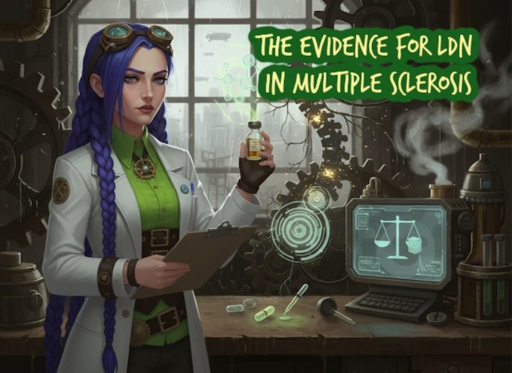 Dr. Rosalind Jex reviews the evidence for low-dose naltrexone (LDN) in multiple sclerosis in a steampunk lab, with research and dosing visuals for medicalmojo.co.uk.
