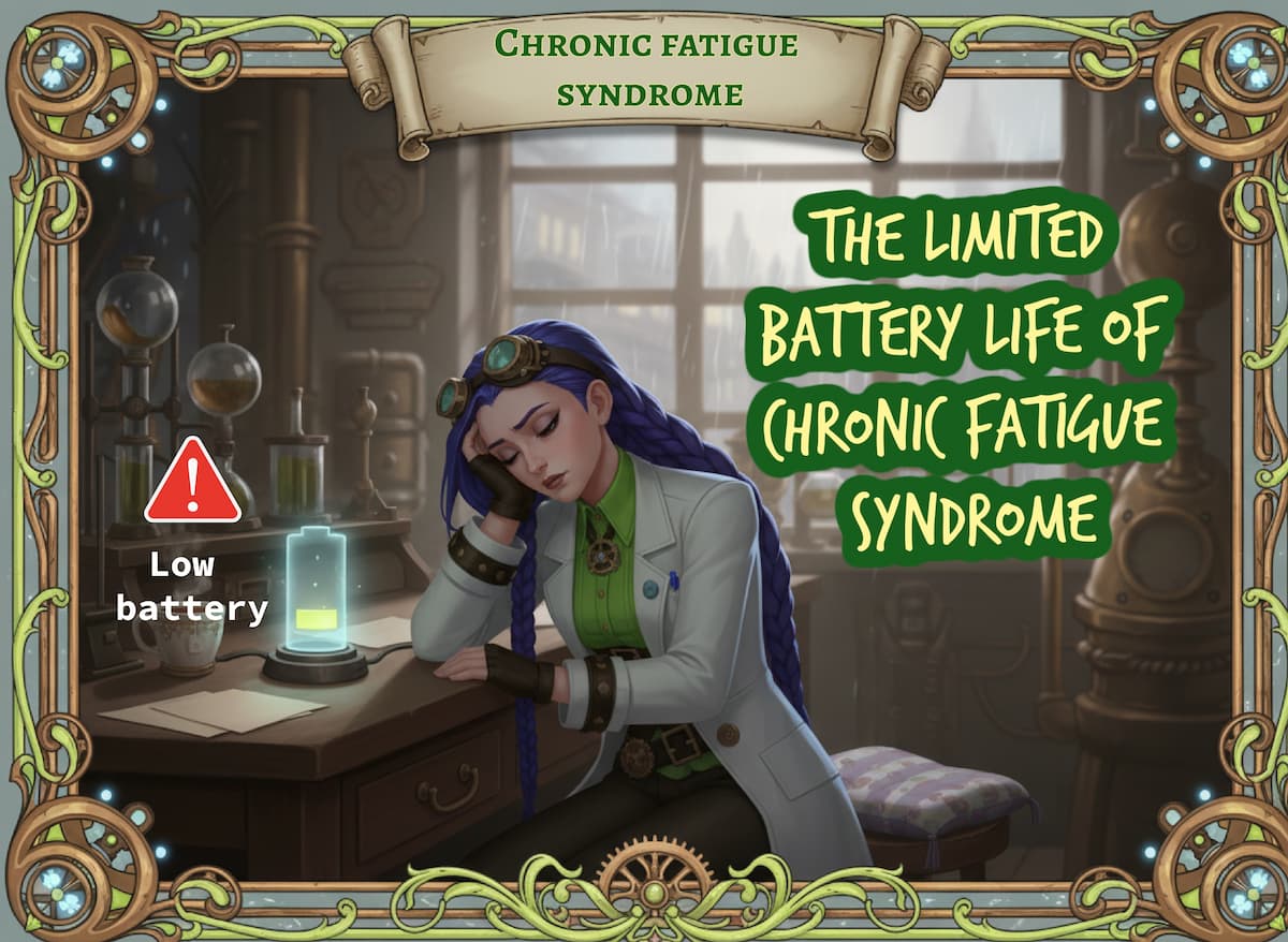 Dr. Rosalind Jex looks exhausted at her lab bench beside a glowing low-battery symbol, illustrating limited energy in ME/CFS on medicalmojo.co.uk.