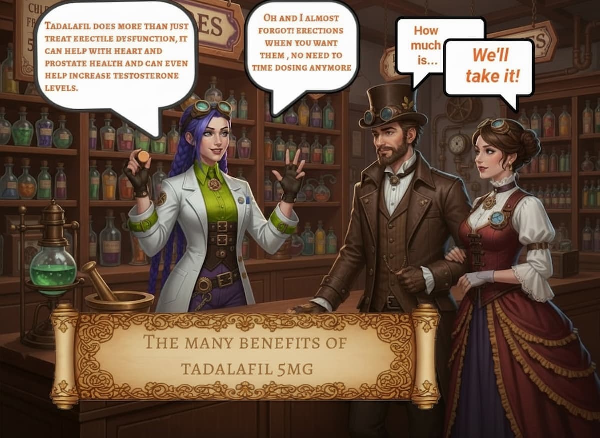 Dr. Rosalind Jex stands in her steampunk laboratory, engaging with a Victorian couple while holding a vial of tadalafil 5mg, illustrating the many benefits of the medication. Image source: medicalmojo.co.uk