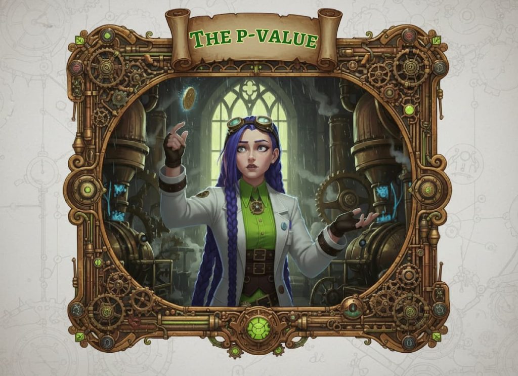 Dr Rosalind Jex, Medical Mojo’s brand ambassador, What is the p-value infographic flips a coin in her steampunk laboratory, symbolising the role of chance and probability in scientific research. Learn more at medicalmojo.co.uk.