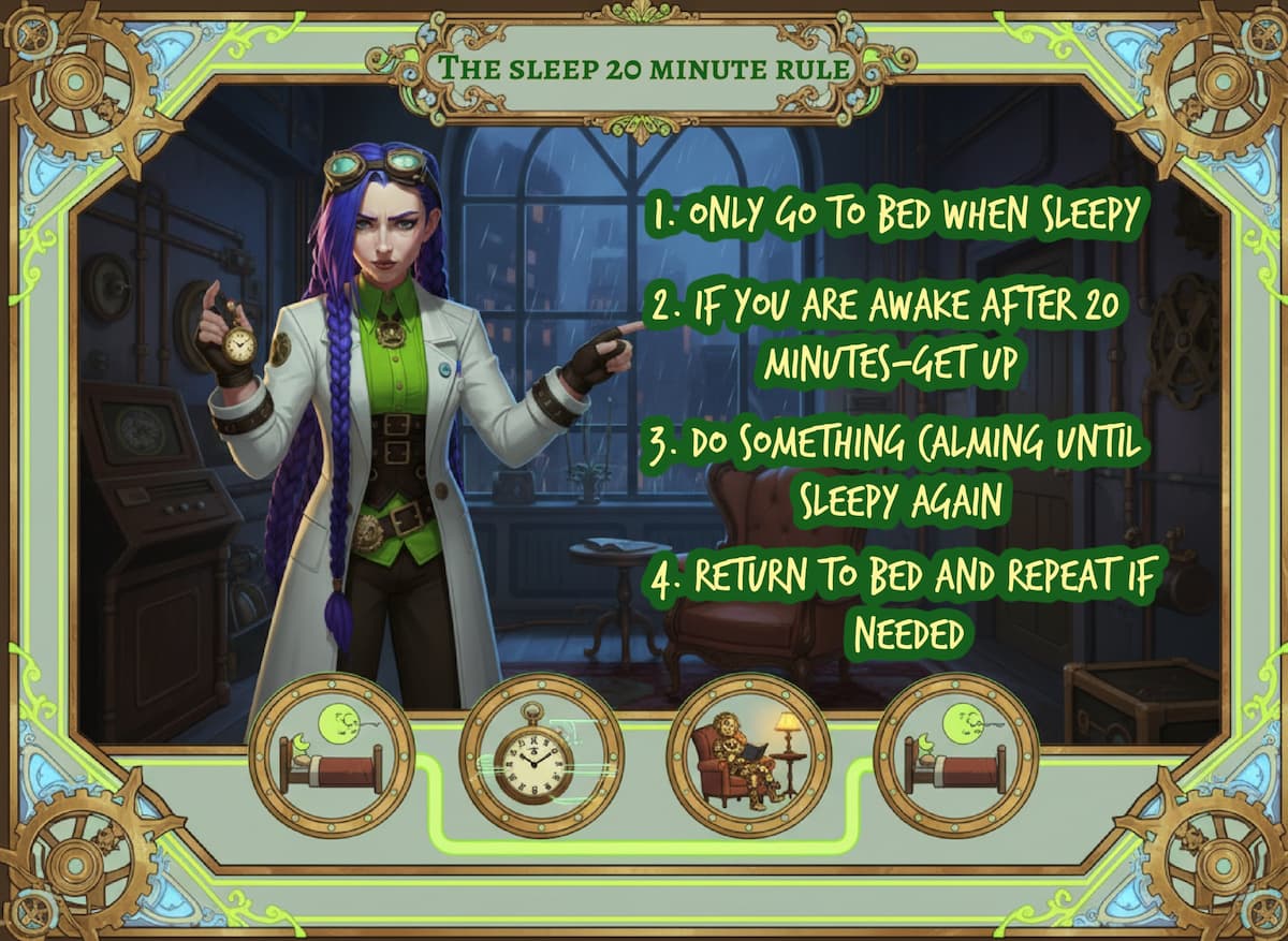 Dr Rosalind Jex in her steampunk laboratory demonstrating the sleep 20-minute rule for insomnia management, featured in the natural sleep guide on medicalmojo.co.uk.