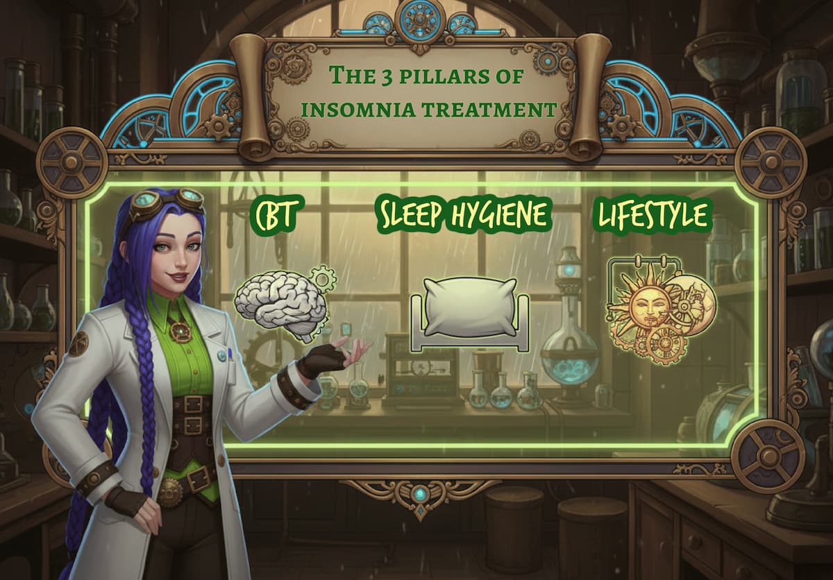 Dr Rosalind Jex in her steampunk lab presenting the three pillars of insomnia treatment—CBT?I, sleep hygiene, and lifestyle changes—featured in the natural insomnia guide on medicalmojo.co.uk.