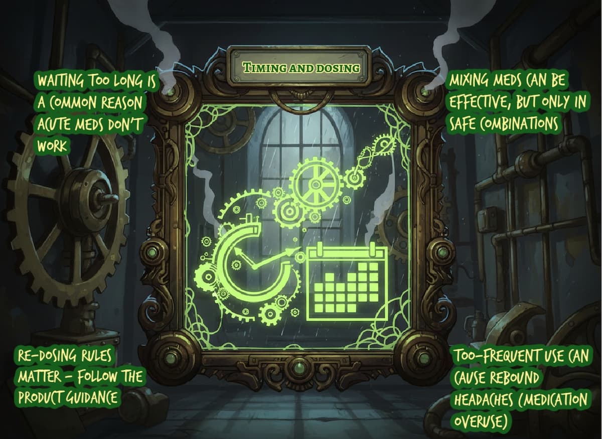 Timing and dosing of migraine meds: when to take treatment | medicalmojo.co.uk Timing and dosing infographic with a glowing clock and calendar in a steampunk frame, explaining why early treatment, safe combinations, and avoiding overuse matter in the migraine guide on medicalmojo.co.uk.