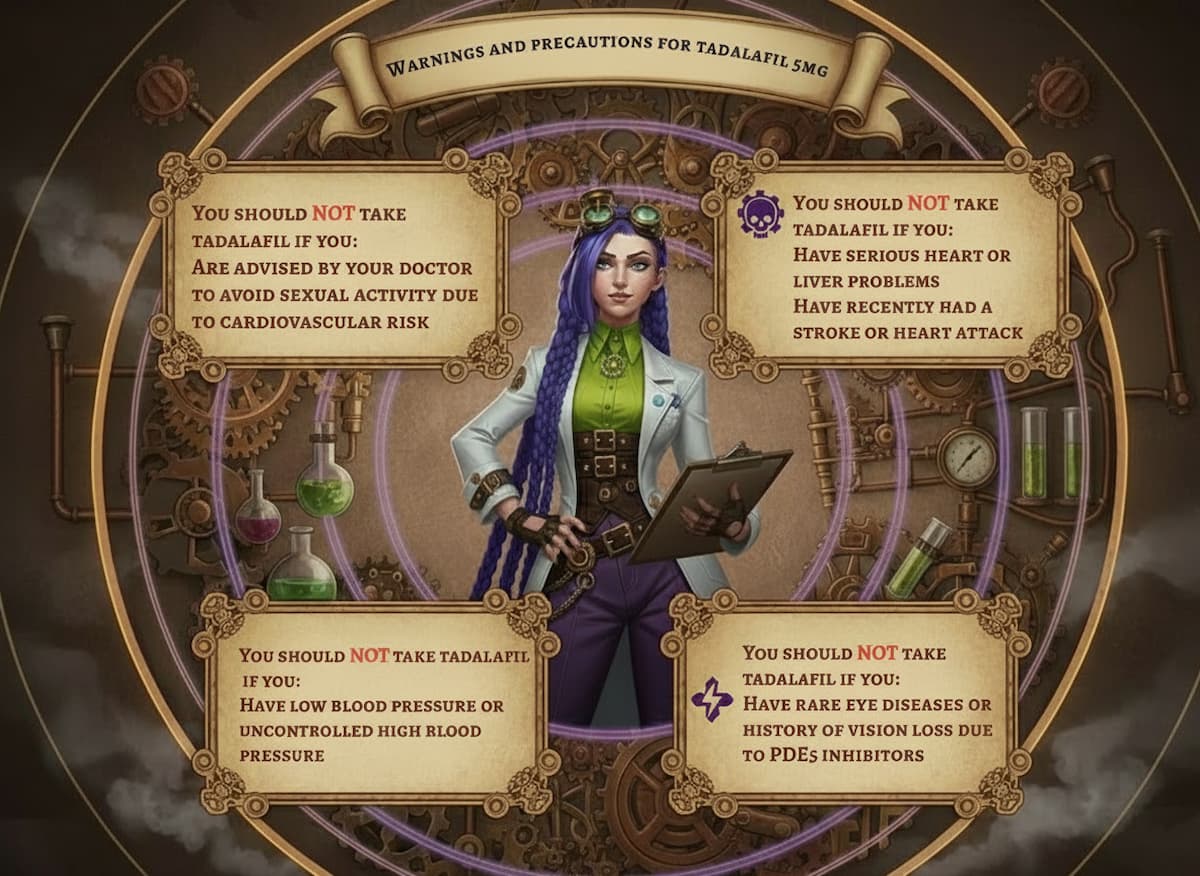 Dr. Rosalind Jex stands confidently in her steampunk laboratory surrounded by warning plaques detailing precautions for tadalafil 5mg tablets. Image source: medicalmojo.co.uk