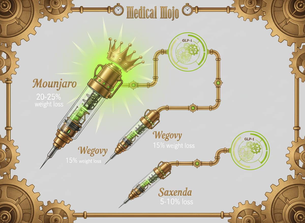 A steampunk-themed infographic compares Mounjaro, Wegovy, and Saxenda weight loss injections. Mounjaro is highlighted with a crown and glowing green light, showing the highest average weight loss, while Wegovy and Saxenda are connected by brass pipes and gears. Learn more at medicalmojo.co.uk.