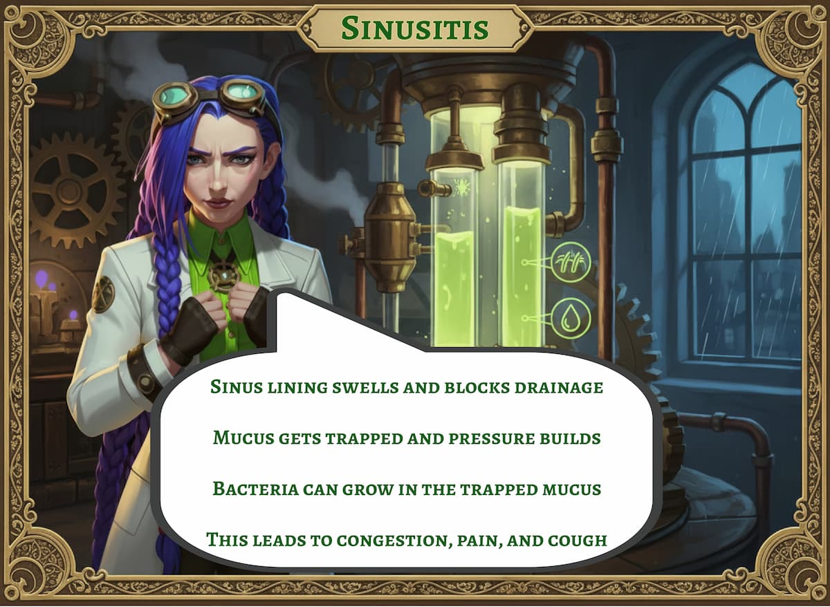 Dr. Rosalind Jex in the Medical Mojo laboratory explaining what happens in sinusitis, showing blocked sinus drainage, trapped mucus, and pressure build-up at medicalmojo.co.uk.