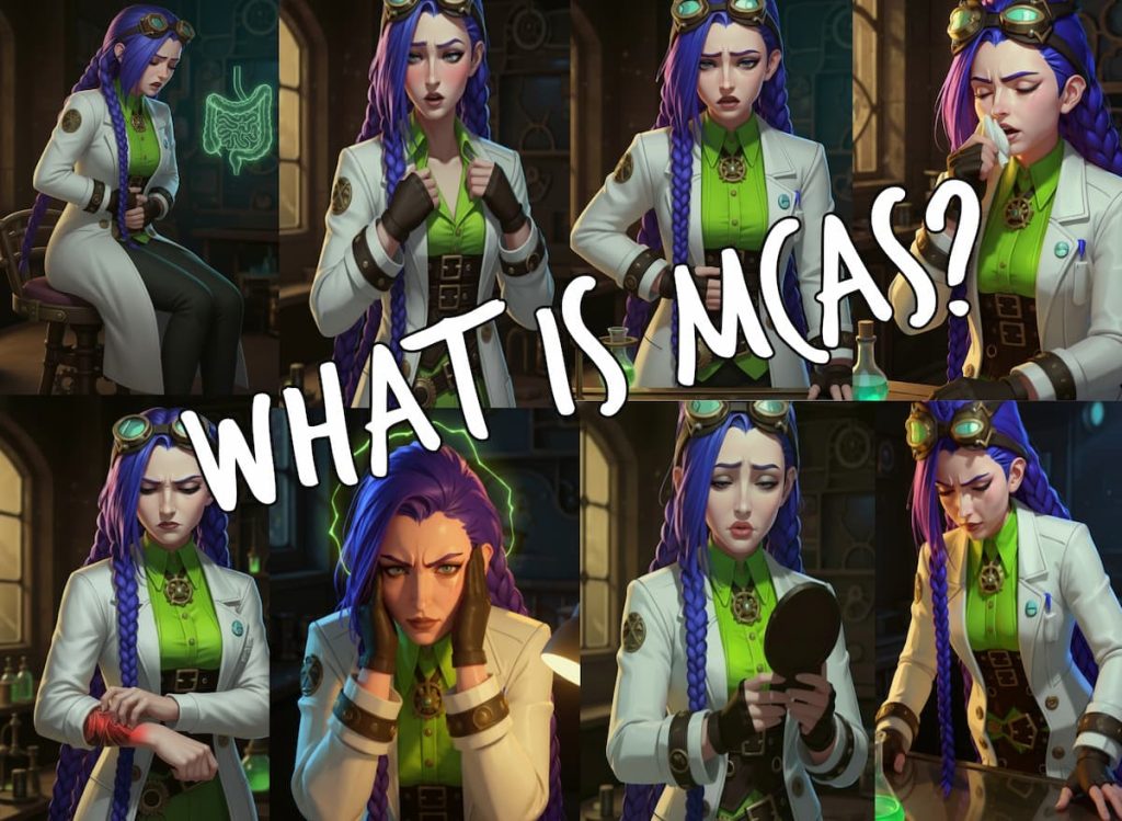Collage of Dr. Rosalind Jex in her steampunk laboratory showing different MCAS symptoms such as stomach cramps, flushing, itching/rash, brain fog and breathing discomfort, with the headline “What is MCAS?” at medicalmojo.co.uk.